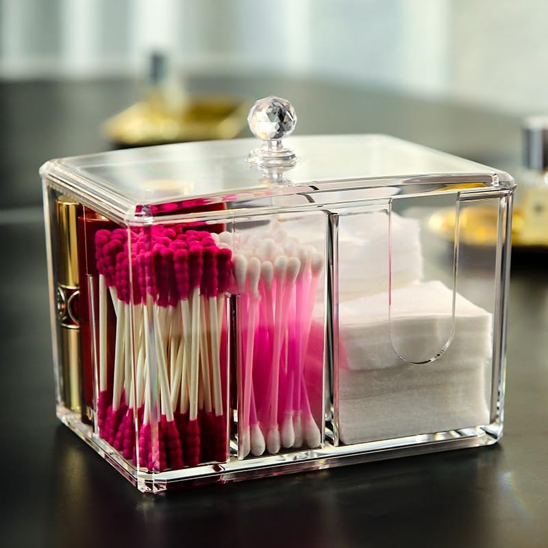 PRIME PICK حامل أعواد القطن من برايم بيك، حامل وسادة أكريليك مع غطاء، حاوية 4 أقسام لأعواد القطن والدوائر لتخزين الحمام، منظم مكياج للزينة - Image 2