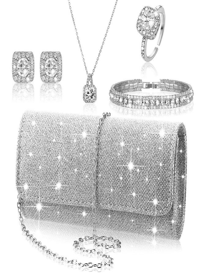 Canchiing 5 Pcs Rhinestone Jewelry Set for Women Glitter Bling Clutch Purse Necklace Earrings Bracelet Ring for Bride Wedding, about 7.9 x 3.9 x 2 inches, Alloy, Cubic Zircon, cubic zircon - Image 1