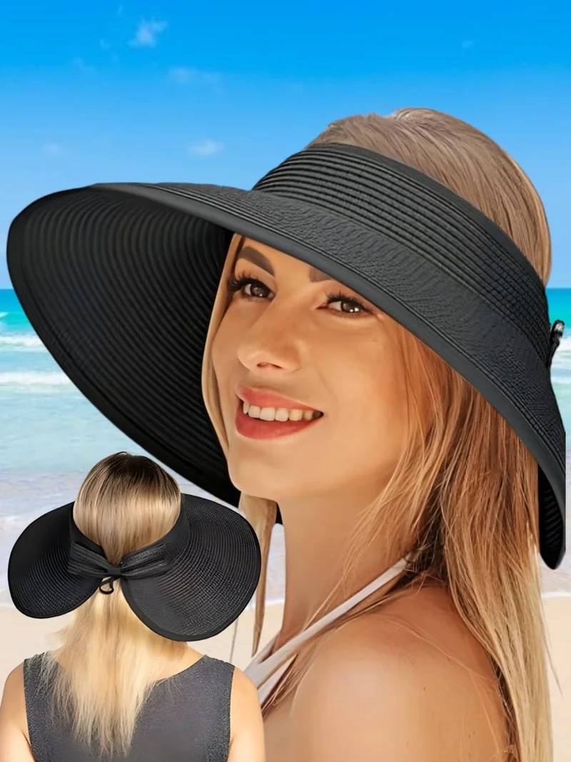 Tezzgelsin Women's Wide Brim UV Protection Bow Straw Visor Hat Set of 2