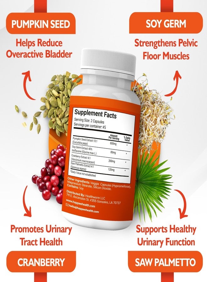 Happee Overactive Bladder Control Supplement for Women & Men - Pumpkin Seed Extract, Soy Germ, Saw Palmetto & Cranberry Blend - Bladder Support for Urinary Frequency, Leaks & Urgency - 90 Capsules - Image 3