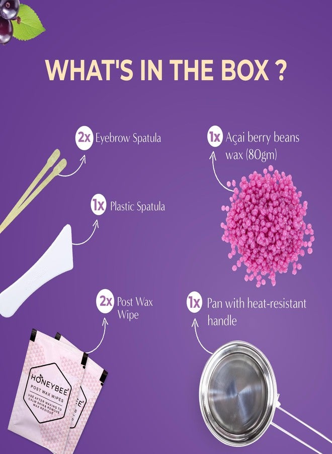 Honeybee Acai Berry Brazilian Beans Wax For Women | Katori Beads Wax For Hair Removal | Liposoluble Stripless/No-Strips Waxing At Home For Brazilian Bikini, Face, Eyebrows, Upper-Lips, Chin, Underarms | Waxing Kit with Post Wax Wipes - 80g - Image 3