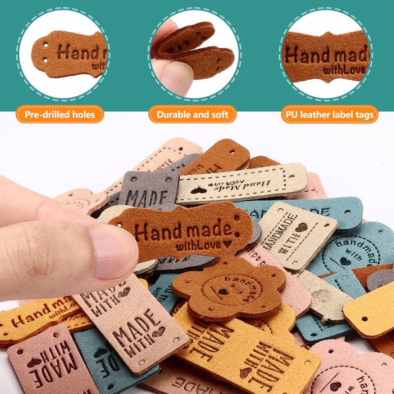 Draupnir Handmade Leather Labels, 56 pcs Handmade Leather Labels for Crochet, Artificial Colorful Leather Labels with Love Hearts for Handmade Items Embossed Sew on Tag Crochet Knit DIY Jeans Bags Shoes Hat - Image 3