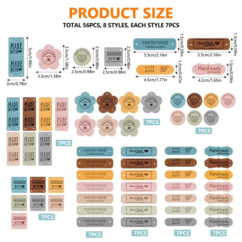 Draupnir Handmade Leather Labels, 56 pcs Handmade Leather Labels for Crochet, Artificial Colorful Leather Labels with Love Hearts for Handmade Items Embossed Sew on Tag Crochet Knit DIY Jeans Bags Shoes Hat - Image 2