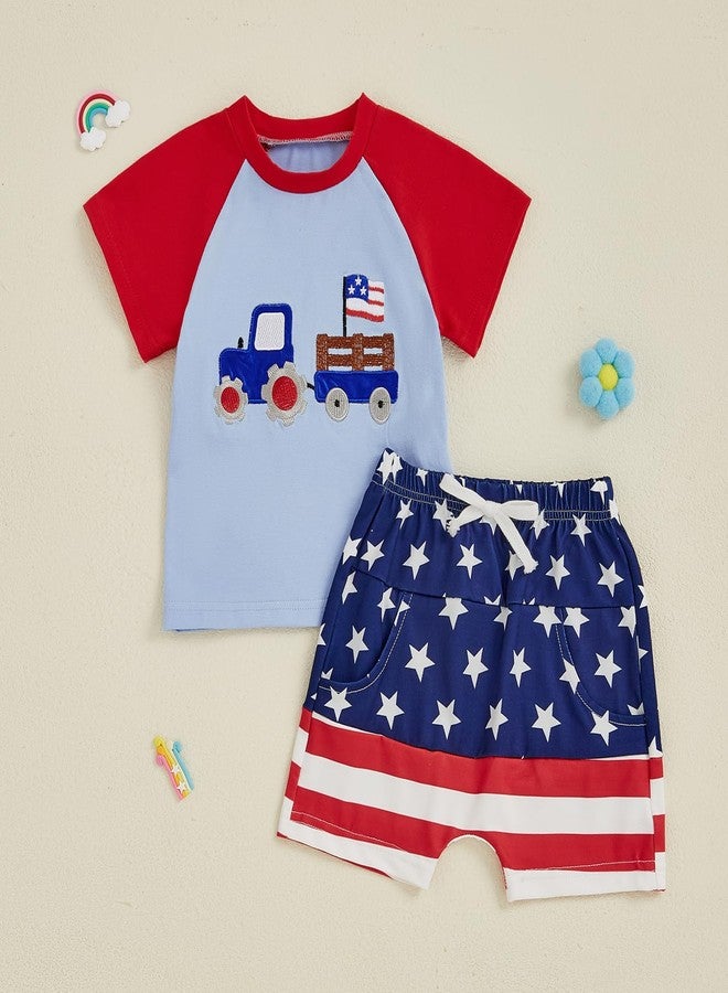 Socutebabe 4th Of July Baby Boy Girl Outfit Toddler Truck Flag T Shirt Top Shorts Fourth Of July Outfits Cute Summer Clothes (Tractor -Blue, 12-18 Months) - Image 2