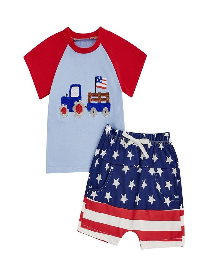 Socutebabe 4th Of July Baby Boy Girl Outfit Toddler Truck Flag T Shirt Top Shorts Fourth Of July Outfits Cute Summer Clothes (Tractor -Blue, 12-18 Months) - Image 1