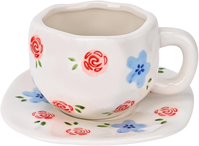 Koythin Ceramic Coffee Mug with Saucer Set, Cute Creative Red Rose Cup Unique Irregular Design for Office and Home, 10 oz/300 ml for Latte Tea Milk - Image 1
