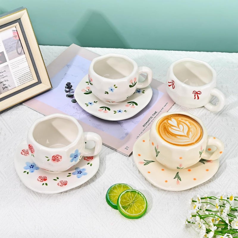 Koythin Ceramic Coffee Mug with Saucer Set, Cute Creative Red Rose Cup Unique Irregular Design for Office and Home, 10 oz/300 ml for Latte Tea Milk - Image 5