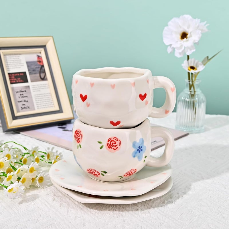 Koythin Ceramic Coffee Mug with Saucer Set, Cute Creative Red Rose Cup Unique Irregular Design for Office and Home, 10 oz/300 ml for Latte Tea Milk - Image 4