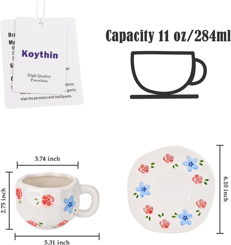 Koythin Ceramic Coffee Mug with Saucer Set, Cute Creative Red Rose Cup Unique Irregular Design for Office and Home, 10 oz/300 ml for Latte Tea Milk - Image 2