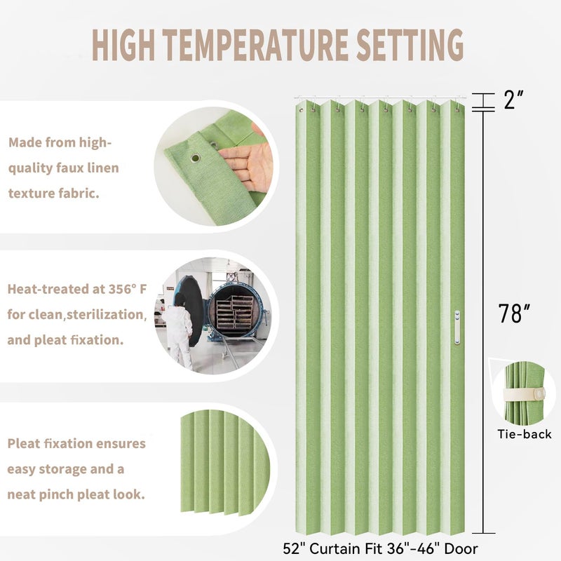 Vatge Curtain for Closet Without Door - Accordion Folding Door Curtain for Doorway  and Open Closet  Hanging Privacy Curtain Wall for Room Separation 1 Panel with Tieback  W52 x L78  Green - Image 2