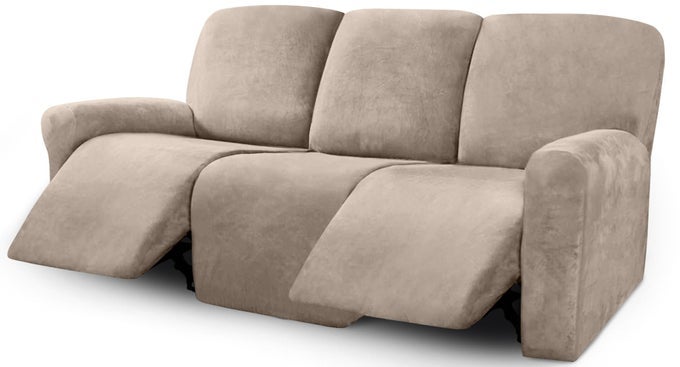 VELVET 8PIECES RECLINER SOFA COVERS STRETCH RECLINING COUCH COVERS FOR 3 CUSHION RECLINING SOFA SLIPCOVERS FURNITURE COVERS THICK SOFT WASHABLE 3 SEATER RECLINER COVER TAUPE
