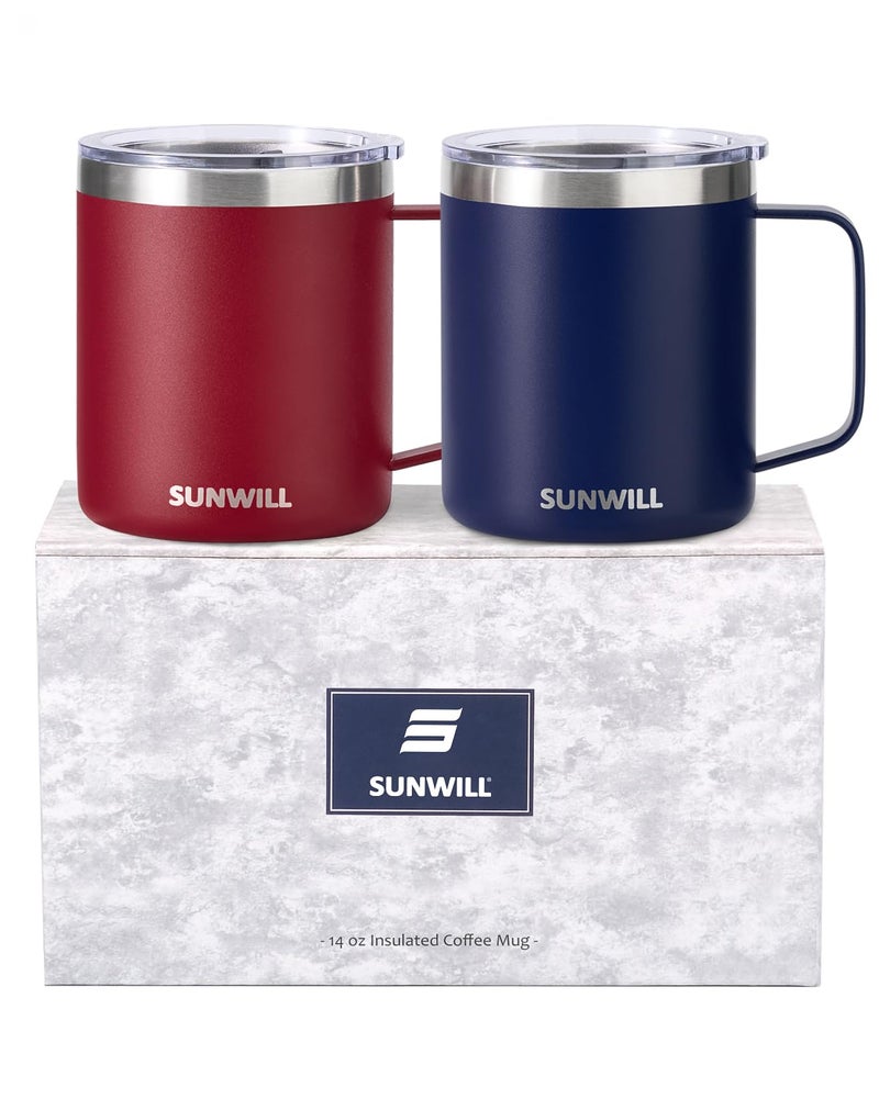SUNWILL Travel Coffee Mug Set of 2 Insulated Tumbler with Lid 14 oz Stainless Steel Cup with Handle for Camping Office Home Powder Coated Navy Blue  Wine Red