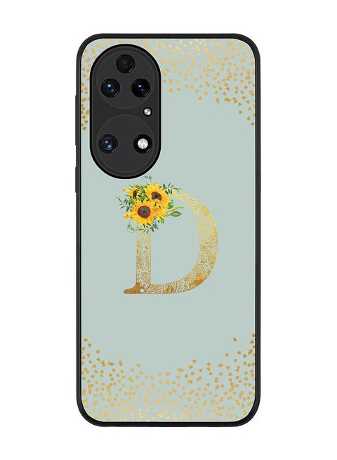 Rugged Black edge case for Huawei P50 Slim fit Soft Case Flexible Rubber Edges Anti Drop TPU Gel Thin Cover - Custom Monogram Initial Letter Floral Pattern Alphabet - D (Light Grey )