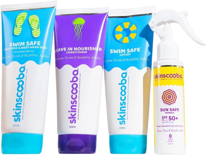 Swimmers 4-in-1 Chlorine Removal Shampoo, Conditioner, Body Wash, Pre Swim Lotion & SPF 50 Sunscreen Spray Bundle | Anti-Chlorine Pre & Post Swim Care Combo Set for Kids, Women & Adults - Image 1