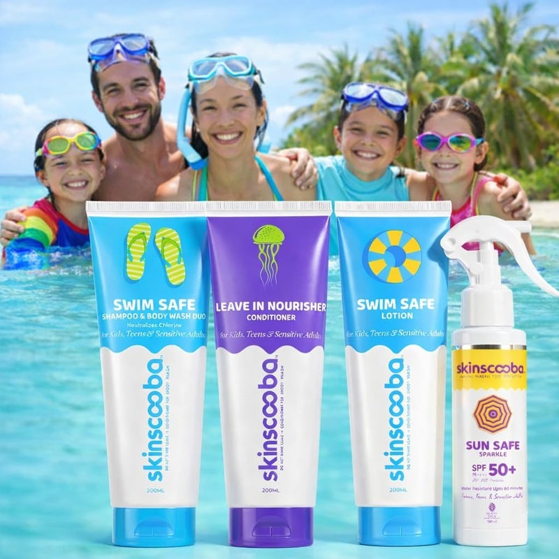 Swimmers 4-in-1 Chlorine Removal Shampoo, Conditioner, Body Wash, Pre Swim Lotion & SPF 50 Sunscreen Spray Bundle | Anti-Chlorine Pre & Post Swim Care Combo Set for Kids, Women & Adults - Image 5