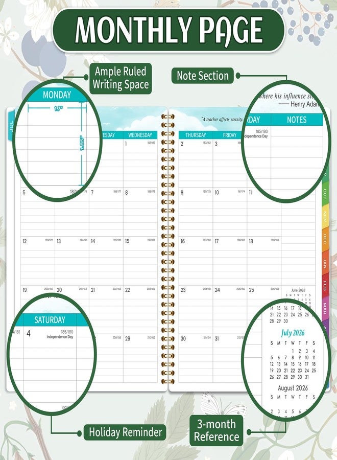 Vondafe Teacher Planner 2026-2027 - Teacher Lesson Planner 2026-2027, 8.3" x 11", Jul.2026 - Jun.2027, Academic Planner, Weekly & Monthly Lesson Plan Book for Teachers with Back pocket, Colorful Tabs - Floral - Image 4