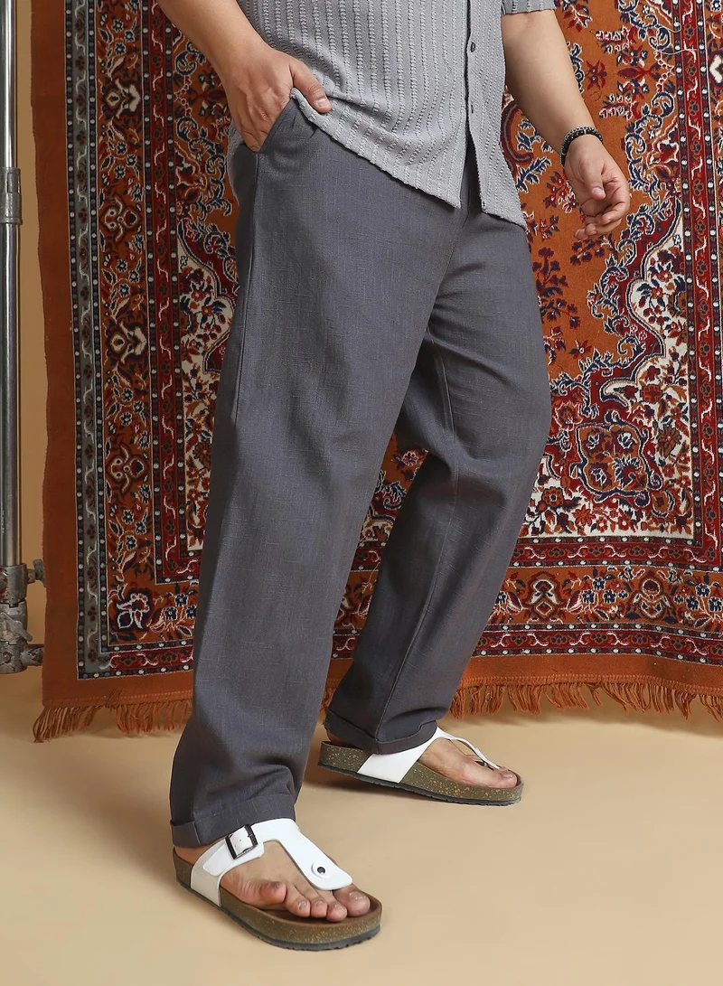 انستافاب بلس بنطلون رجالي أزرق كحلي بقصة مريحة من الكتان الممزوج مع أساور سفلية للملابس الكاجوال