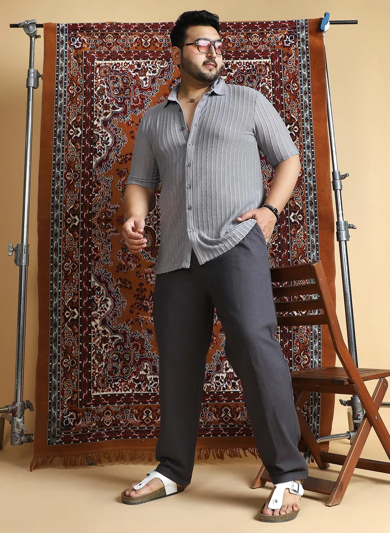 Instafab Plus  Men's Navy Blue Linen-Blend Cuffed Trousers For Casual Wear | Mid-Rise | Regular Fit | Button Closure | Plus Size Trousers Crafted With Comfort Fit For Everyday Wear for Men | Best Price UAE