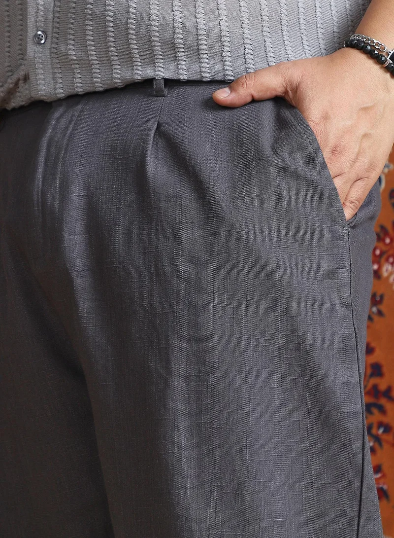 Instafab Plus  Men's Navy Blue Linen-Blend Cuffed Trousers For Casual Wear | Mid-Rise | Regular Fit | Button Closure | Plus Size Trousers Crafted With Comfort Fit For Everyday Wear for Men | Best Price UAE