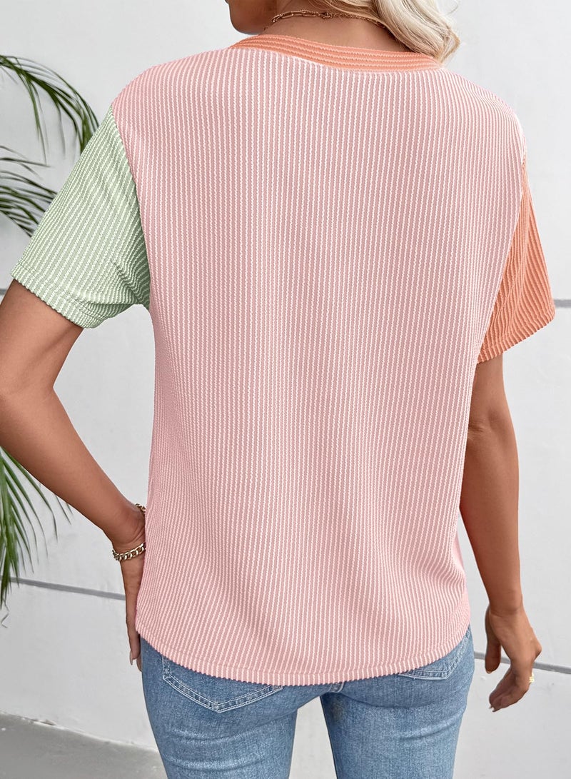 EVALESS Womens Short Sleeve Tops Trendy Multicolour Ribbed Color Block Crewneck Tee Blouses 2026 Spring Summer Tshirts Shirts Business Casual Office Going Out Tops Pink Large - Image 3