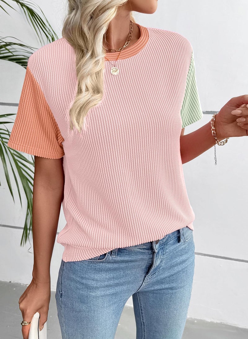 EVALESS Womens Short Sleeve Tops Trendy Multicolour Ribbed Color Block Crewneck Tee Blouses 2026 Spring Summer Tshirts Shirts Business Casual Office Going Out Tops Pink Large - Image 4