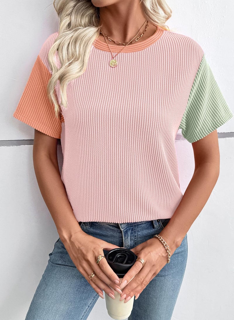 EVALESS Womens Short Sleeve Tops Trendy Multicolour Ribbed Color Block Crewneck Tee Blouses 2026 Spring Summer Tshirts Shirts Business Casual Office Going Out Tops Pink Large - Image 2