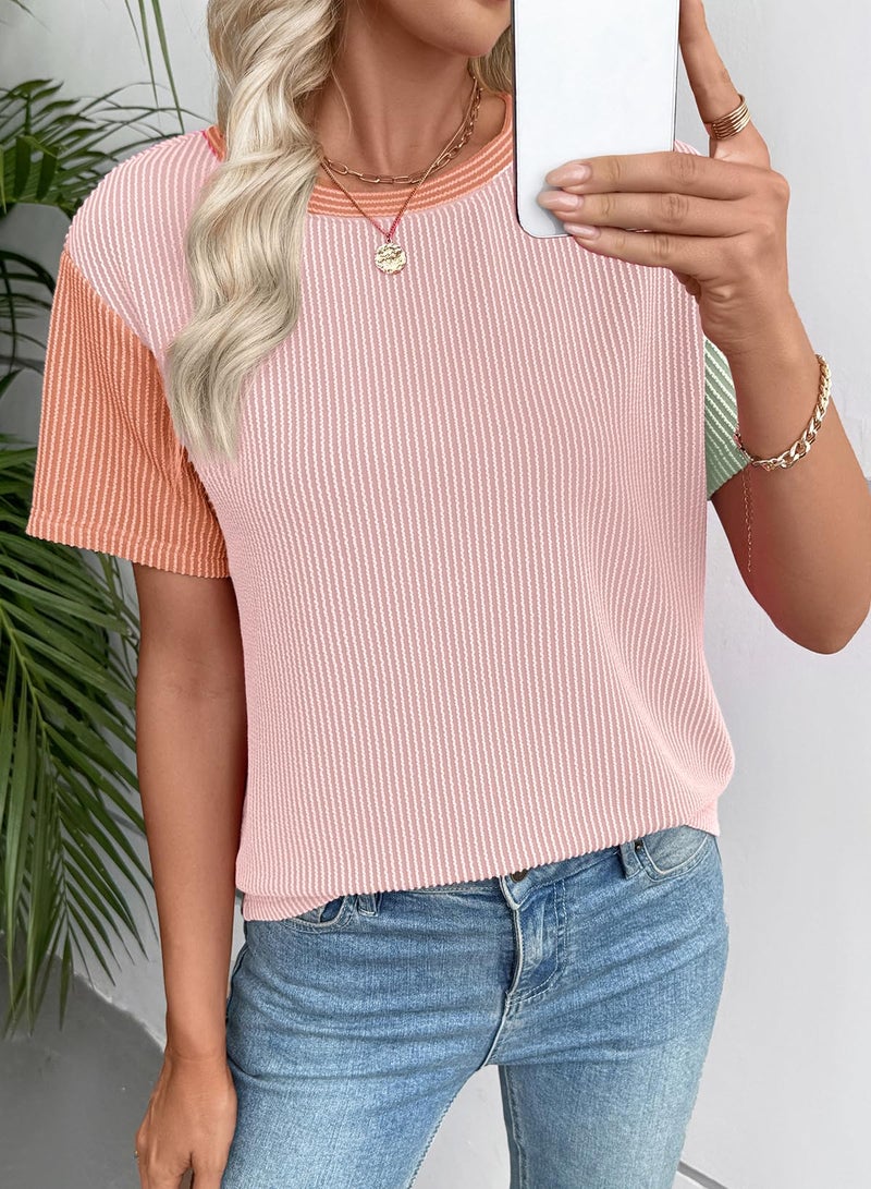 EVALESS Womens Short Sleeve Tops Trendy Multicolour Ribbed Color Block Crewneck Tee Blouses 2026 Spring Summer Tshirts Shirts Business Casual Office Going Out Tops Pink Large - Image 5