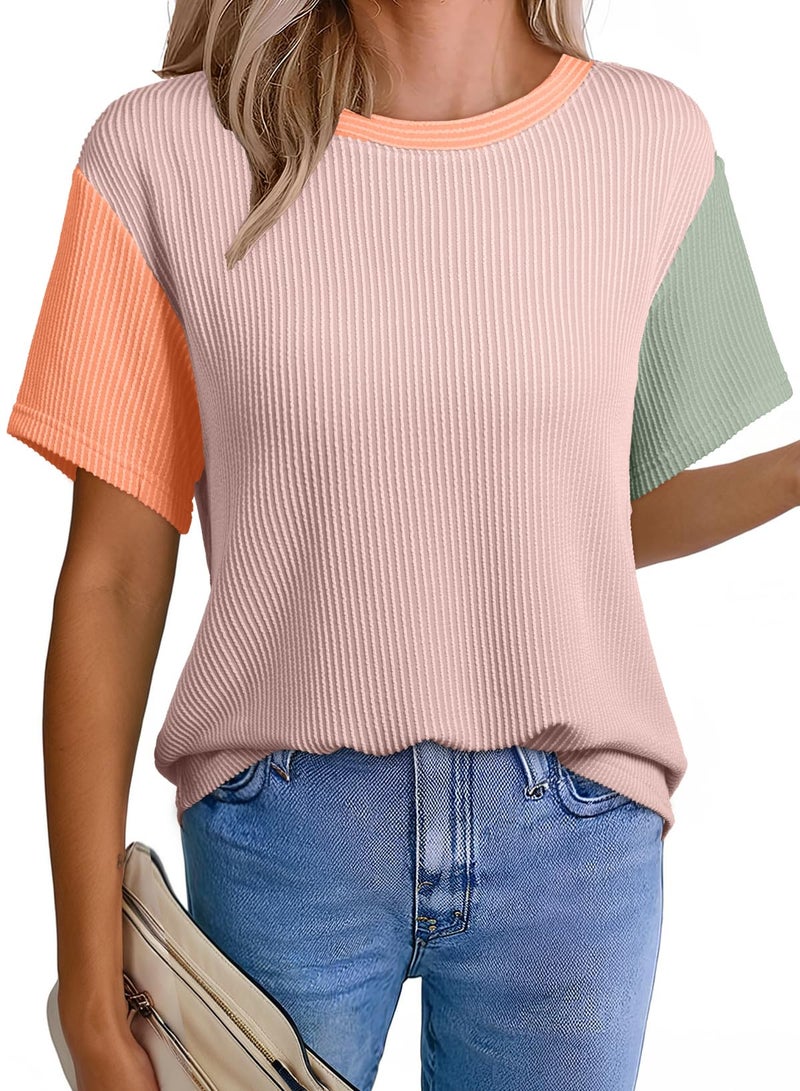 EVALESS Womens Short Sleeve Tops Trendy Multicolour Ribbed Color Block Crewneck Tee Blouses 2026 Spring Summer Tshirts Shirts Business Casual Office Going Out Tops Pink Large - Image 1