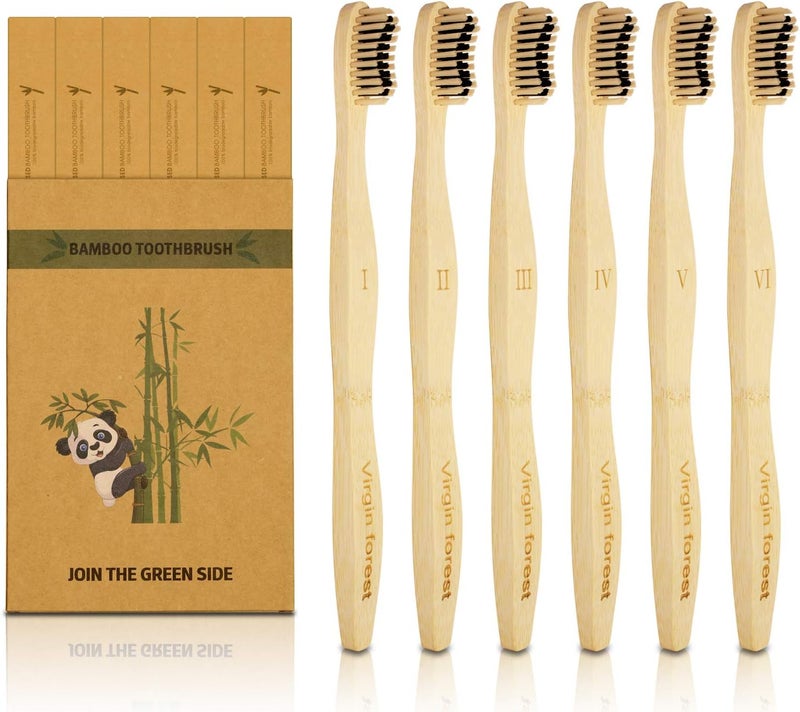 Virgin Forest Bamboo Toothbrush, Biodegradable Soft Bristles Toothbrushes, Wooden Toothbrush with Wave-Shaped Two-Color Bristles and Larger Thicker Handle (6 Pcs) - Image 1