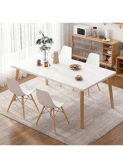 CityRiya-Long Dining Table Chair Set White Kitchen Table and 4 Dining Chairs Modern Breakfast Table Desk + 4 Chairs Leisure Coffee Table for Living Room/Office/Meeting Room Kitchen Lounging Cafeterias  - Image 5