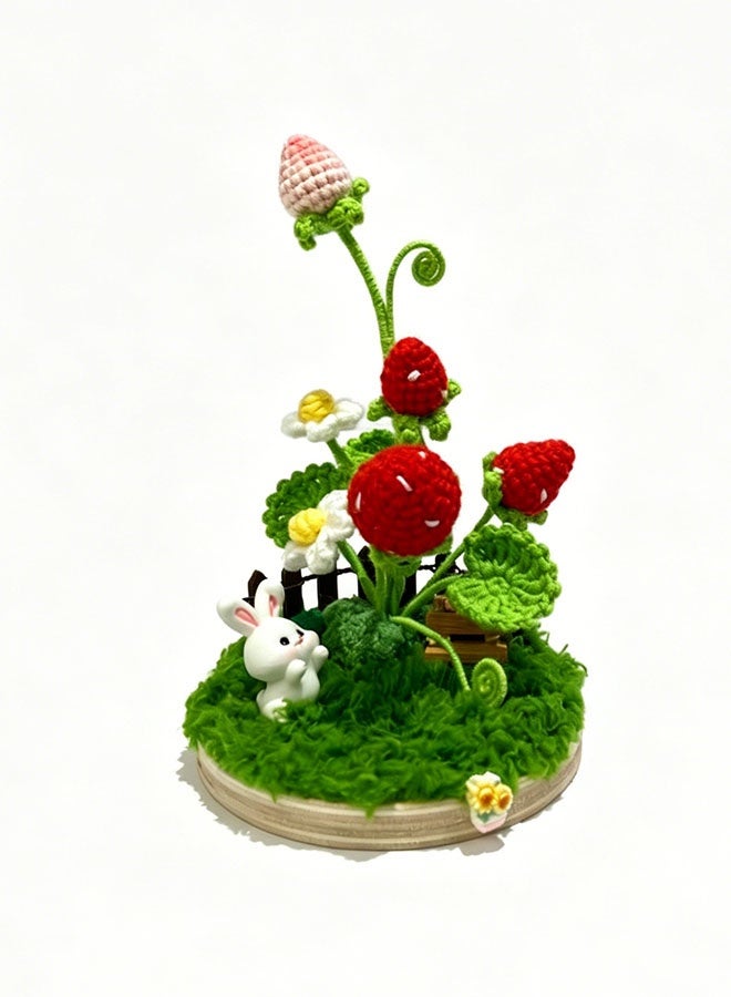 Beauenty Handmade Crochet Strawberry Rabbit Mini Landscape, Cute Fairy Tale Desktop Ornament, Whimsical Home Decor for Bedroom, Unique Handcrafted Gift - Image 1