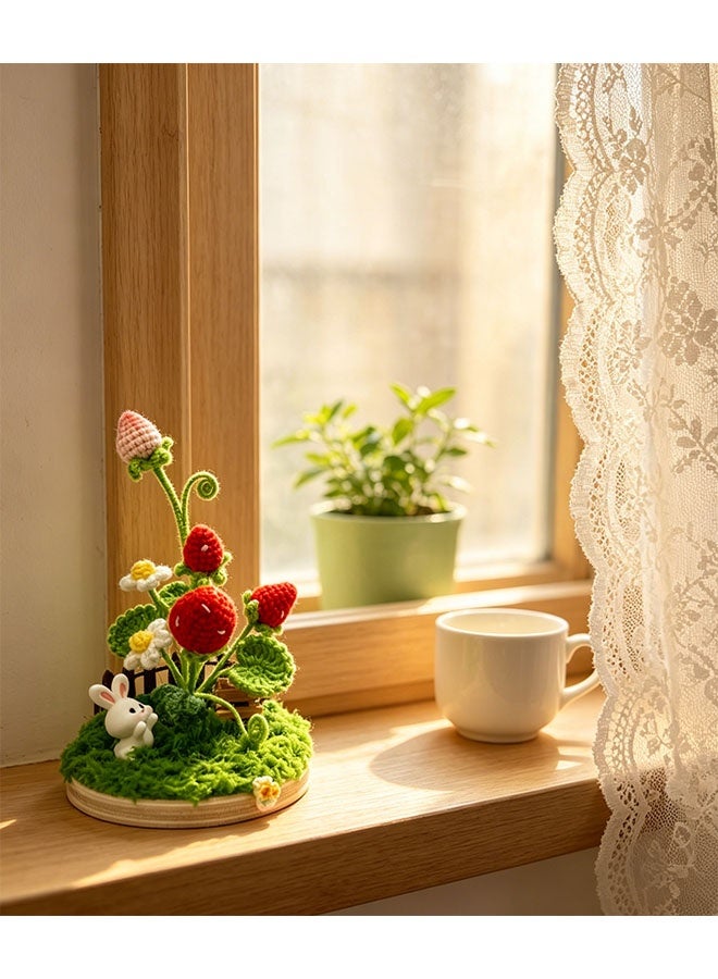Beauenty Handmade Crochet Strawberry Rabbit Mini Landscape, Cute Fairy Tale Desktop Ornament, Whimsical Home Decor for Bedroom, Unique Handcrafted Gift - Image 4