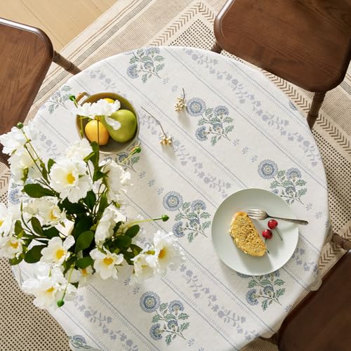 OMMATO Farmhouse Blue Floral Rectangle Tablecloth: Linen Striped Printed Vintage Rustic Table Cloth - Pattern on Burlap Textured Fabric Outdoor Table Cover for Kitchen,Dining,Party,Picnic Decor, 55x84 Inch - Image 3