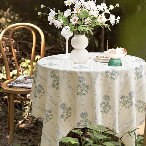 OMMATO Farmhouse Blue Floral Rectangle Tablecloth: Linen Striped Printed Vintage Rustic Table Cloth - Pattern on Burlap Textured Fabric Outdoor Table Cover for Kitchen,Dining,Party,Picnic Decor, 55x84 Inch - Image 5