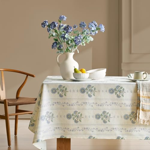OMMATO Farmhouse Blue Floral Rectangle Tablecloth: Linen Striped Printed Vintage Rustic Table Cloth - Pattern on Burlap Textured Fabric Outdoor Table Cover for Kitchen,Dining,Party,Picnic Decor, 55x84 Inch - Image 4