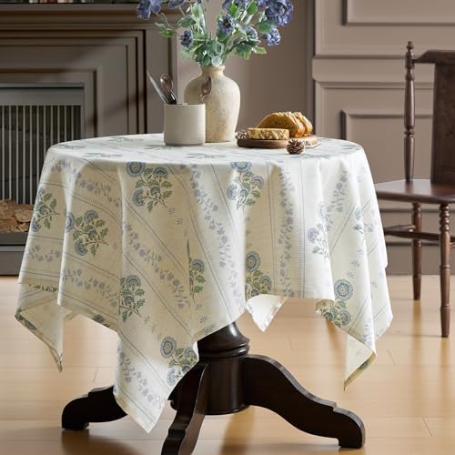 OMMATO Farmhouse Blue Floral Rectangle Tablecloth: Linen Striped Printed Vintage Rustic Table Cloth - Pattern on Burlap Textured Fabric Outdoor Table Cover for Kitchen,Dining,Party,Picnic Decor, 55x84 Inch - Image 1