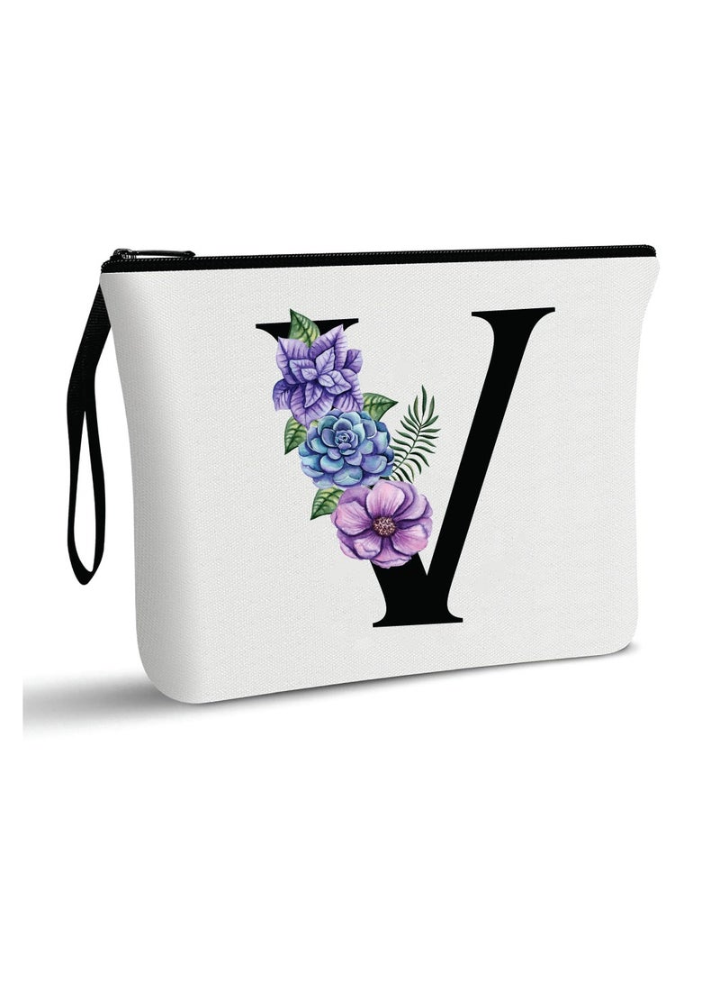 PRINTSHOP4ME Initial Monogram Travel Makeup Bag for Women Unique Birthday Gifts for Mother - Bride Bridesmaid Cosmetic bag - Initial Canvas Makeup Bag Gifts with Zipper (V) - Image 1