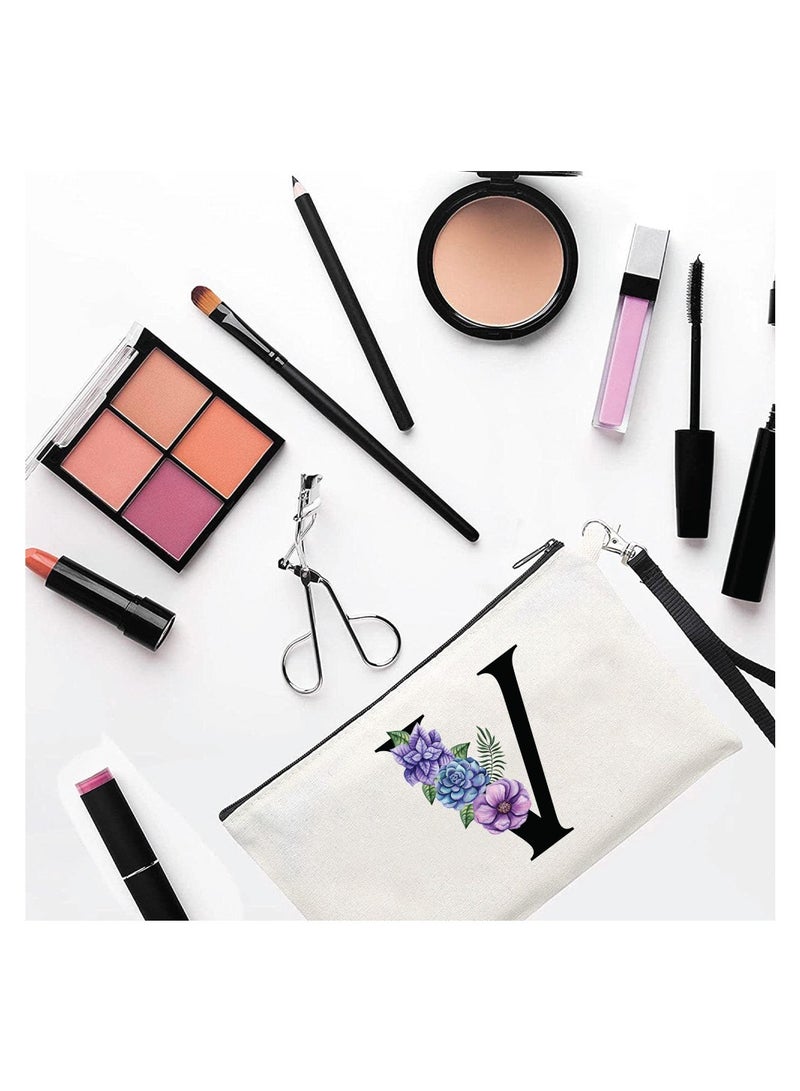 PRINTSHOP4ME Initial Monogram Travel Makeup Bag for Women Unique Birthday Gifts for Mother - Bride Bridesmaid Cosmetic bag - Initial Canvas Makeup Bag Gifts with Zipper (V) - Image 2