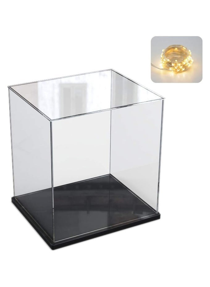 CLEAR ACRYLIC DISPLAY CASE ASSEMBLE COUNTERTOP BOX STORAGE STAND PROTECTION SHOWCASE FOR FIGURES COLLECTIBLES FOR LEGO WITH BLACK WOOD-PLASTIC BASE, 11.8 X 11.8 X 15.7INCH