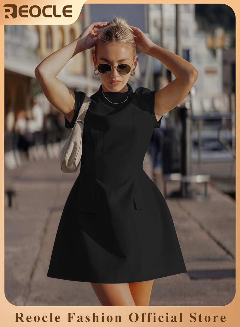 REOCLE Womens Summer Dress Mock Neck Short Sleeve Bodycon Party Club Mini Dresses - Image 1
