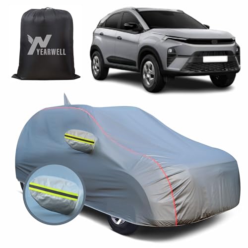YEARWELL Car Body Cover for Tata Nexon (2023 to 2025), 100% Waterproof, Heat-Resistant with Mirror & Antenna Pockets, Soft Cotton Lining, Triple Stitched, Green Reflector (Metallic Grey) - Image 1