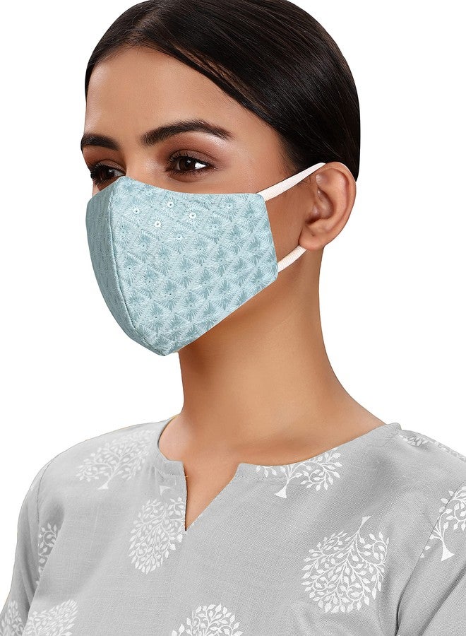 MASQ By Q-One 4 Layer Washable, Reusable, Size Adjustable, Anti-Bacterial (BFE>99%) Embroidered Satin Cloth Face Mask Combo for Women, Girls with Detachable Chain & Mask Bag (Mint, Medium, Pack of 1) - Image 1