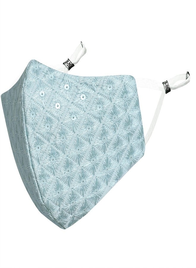 MASQ By Q-One 4 Layer Washable, Reusable, Size Adjustable, Anti-Bacterial (BFE>99%) Embroidered Satin Cloth Face Mask Combo for Women, Girls with Detachable Chain & Mask Bag (Mint, Medium, Pack of 1) - Image 2