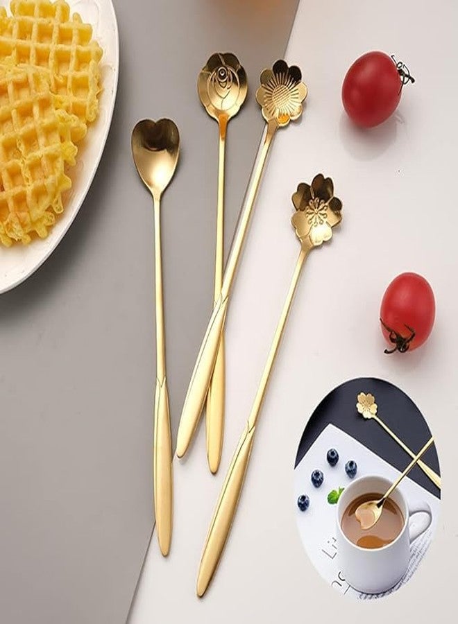 Metreno Flower Dessert Spoons, Coffee Teaspoon Set Stainless Steel Tableware Sugar Spoon Small Tea Spoons Cafe Bar Spoon Cute Coffee Teaspoon Mini Tableware, 4 Styles (Gold) - Image 1