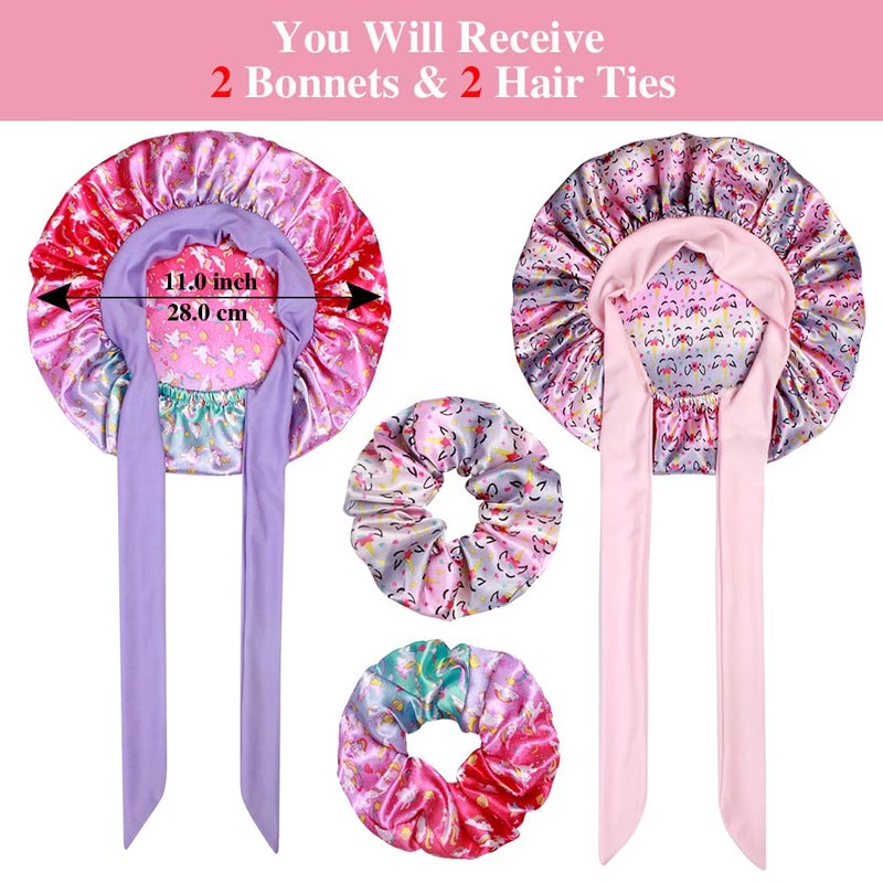 Heniho 2+2 Satin Bonnets with Scrunchies for Kids, Cute Hair Bonnets for Girls Sleeping Curly Hair, G - Image 2