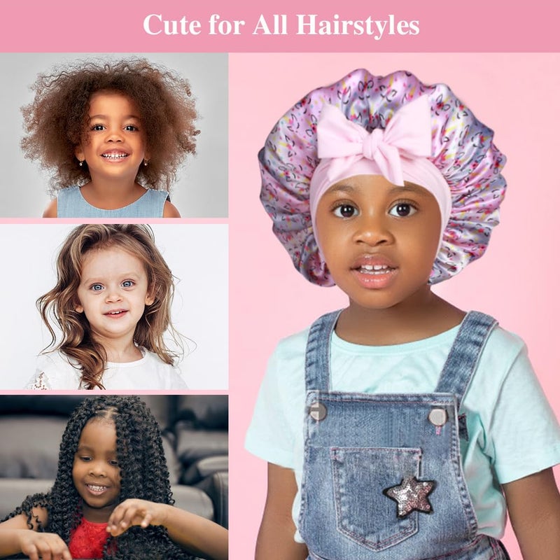 Heniho 2+2 Satin Bonnets with Scrunchies for Kids, Cute Hair Bonnets for Girls Sleeping Curly Hair, G - Image 3