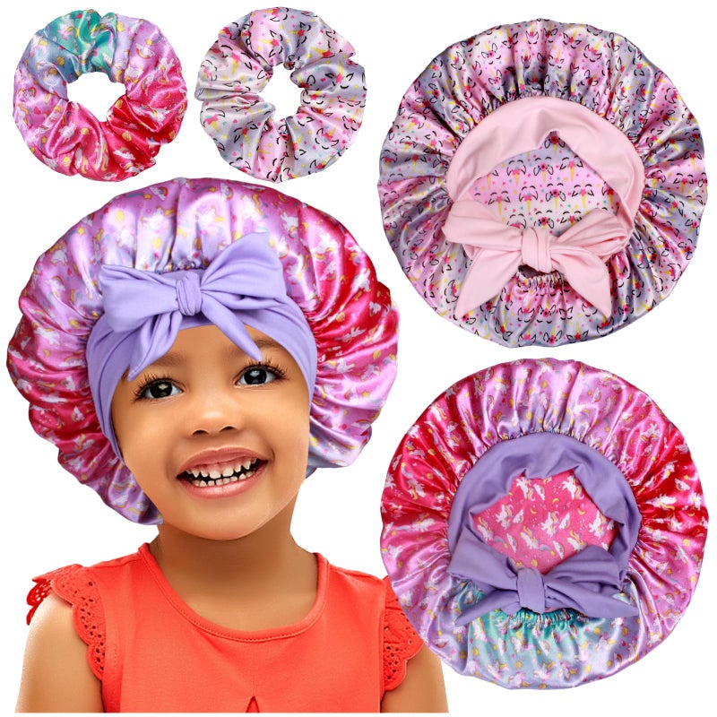 Heniho 2+2 Satin Bonnets with Scrunchies for Kids, Cute Hair Bonnets for Girls Sleeping Curly Hair, G - Image 1