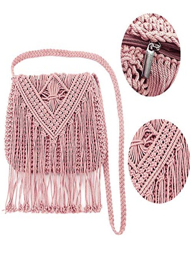 Lobagve Women Crochet Beach Bag Fringed Bohemian Crossbody Shoulder Purse Cotton Flap Envelope Purse Pink - Image 5