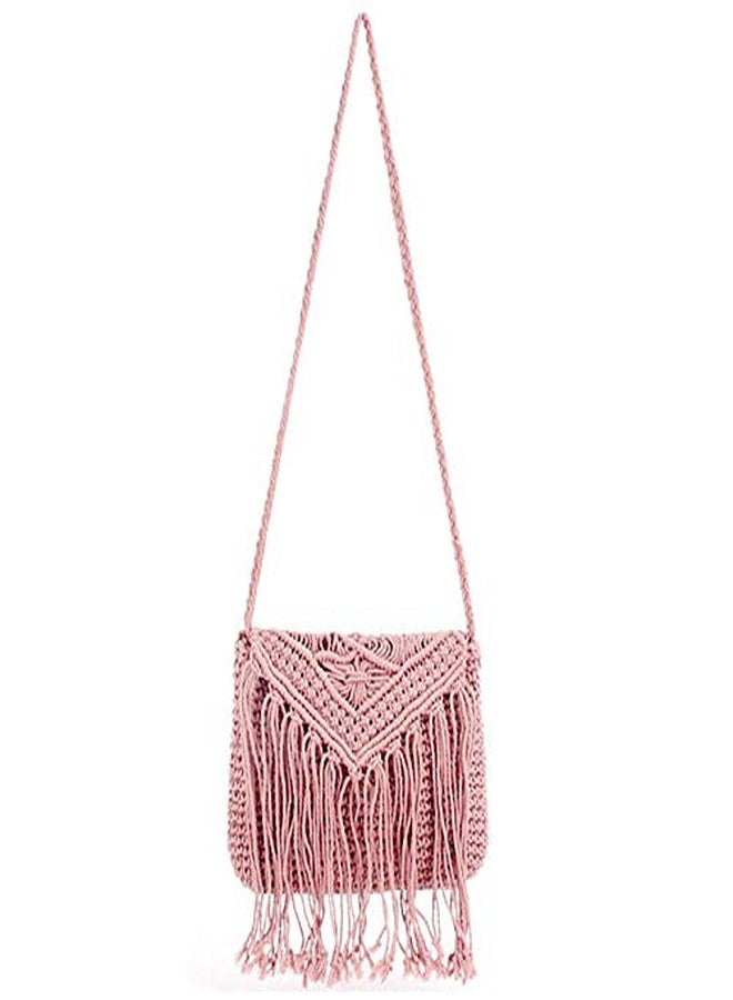 Lobagve Women Crochet Beach Bag Fringed Bohemian Crossbody Shoulder Purse Cotton Flap Envelope Purse Pink - Image 4