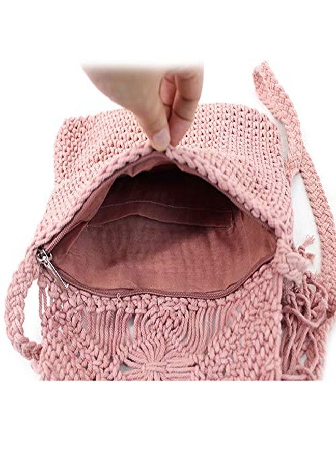Lobagve Women Crochet Beach Bag Fringed Bohemian Crossbody Shoulder Purse Cotton Flap Envelope Purse Pink - Image 3
